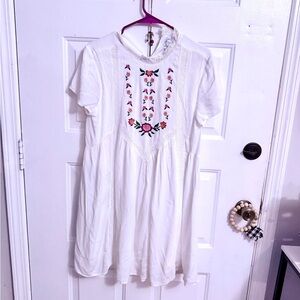 Blue Rain White Dress with Floral Embroidery